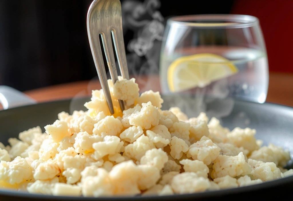 Detailaufnahme Gabel Blumenkohl Reis